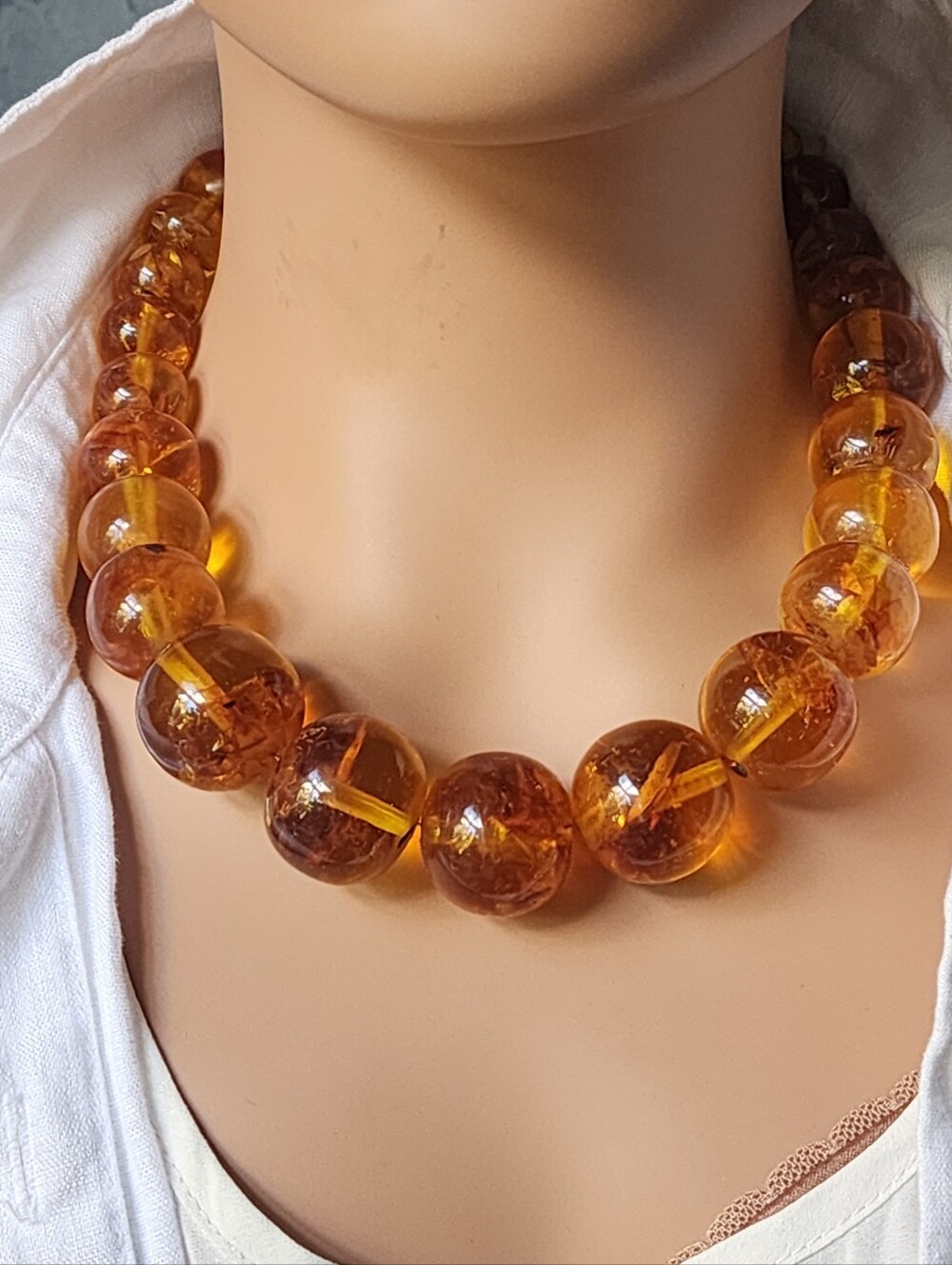 Amber Necklace 14K white Gold-plated Chain Beaded Polished Honey Cognac Amber